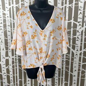 Mustard Floral Print Button / Tie Front Flutter Sleeve Top sz L